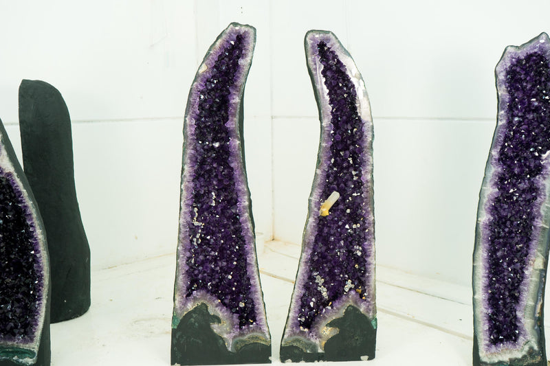 Gorgeous Pair of Tall Amethyst Cathedral Geodes with Large Calcite on Deep Violet - Purple Crystals, Super Extra Grade - 4.7 Ft. 524 Lbs. - E2D Crystals & Minerals