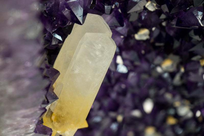 Gorgeous Pair of Tall Amethyst Cathedral Geodes with Large Calcite on Deep Violet - Purple Crystals, Super Extra Grade - 4.7 Ft. 524 Lbs. - E2D Crystals & Minerals