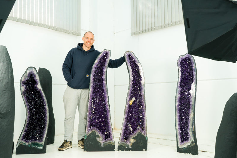 Gorgeous Pair of Tall Amethyst Cathedral Geodes with Large Calcite on Deep Violet - Purple Crystals, Super Extra Grade - 4.7 Ft. 524 Lbs. - E2D Crystals & Minerals