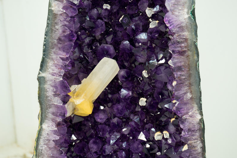 Gorgeous Pair of Tall Amethyst Cathedral Geodes with Large Calcite on Deep Violet - Purple Crystals, Super Extra Grade - 4.7 Ft. 524 Lbs. - E2D Crystals & Minerals