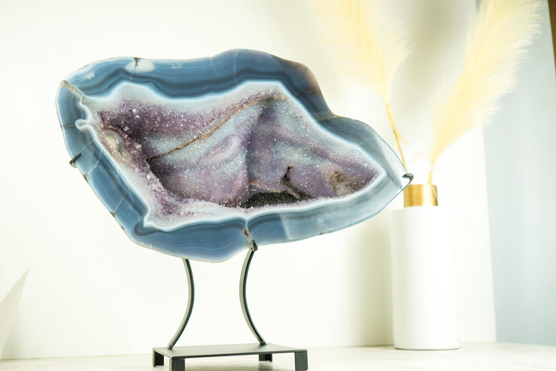 Spectacular Blue Lace Agate Geode with a Swan Drawing on Sparkly Druzy, Large Geode on Stand, for Gifting, Decor, or Collection - 25 lb - E2D Crystals & Minerals