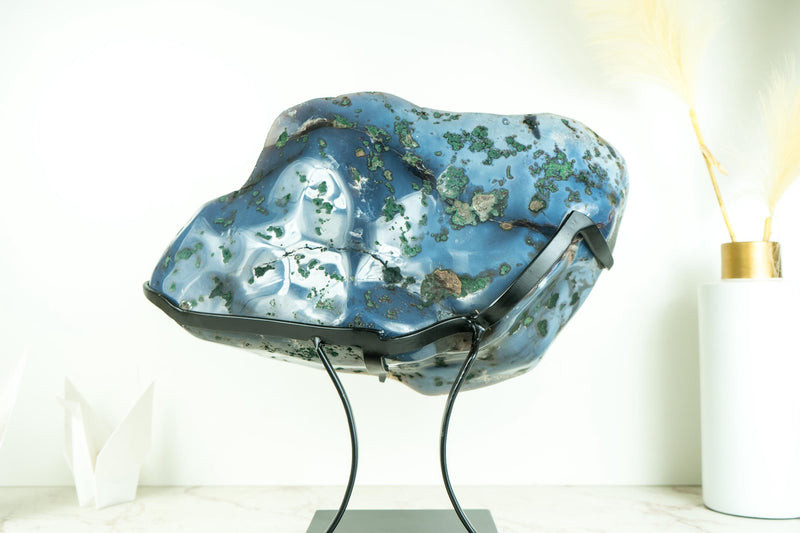 Spectacular Blue Lace Agate Geode with a Swan Drawing on Sparkly Druzy, Large Geode on Stand, for Gifting, Decor, or Collection - 25 lb - E2D Crystals & Minerals