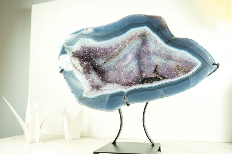 Spectacular Blue Lace Agate Geode with a Swan Drawing on Sparkly Druzy, Large Geode on Stand, for Gifting, Decor, or Collection - 25 lb - E2D Crystals & Minerals