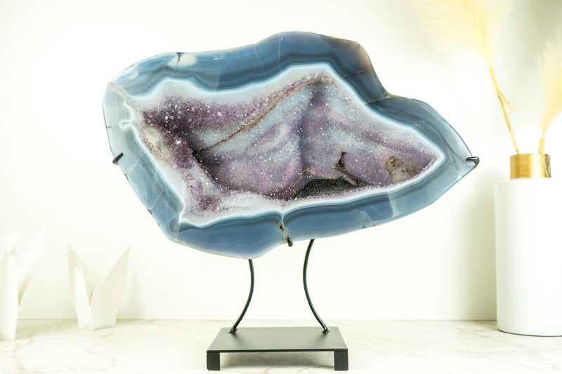 Spectacular Blue Lace Agate Geode with a Swan Drawing on Sparkly Druzy, Large Geode on Stand, for Gifting, Decor, or Collection - 25 lb - E2D Crystals & Minerals