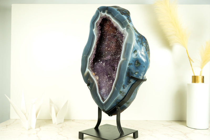 Spectacular Blue Lace Agate Geode with a Bold White Lace and Violet Amethyst, Large Geode on Stand, Gifting, Decor, or Collection - 40 lb - E2D Crystals & Minerals