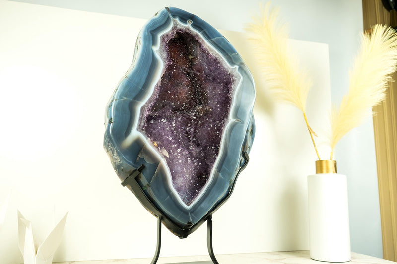 Spectacular Blue Lace Agate Geode with a Bold White Lace and Violet Amethyst, Large Geode on Stand, Gifting, Decor, or Collection - 40 lb - E2D Crystals & Minerals