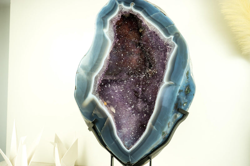 Spectacular Blue Lace Agate Geode with a Bold White Lace and Violet Amethyst, Large Geode on Stand, Gifting, Decor, or Collection - 40 lb - E2D Crystals & Minerals