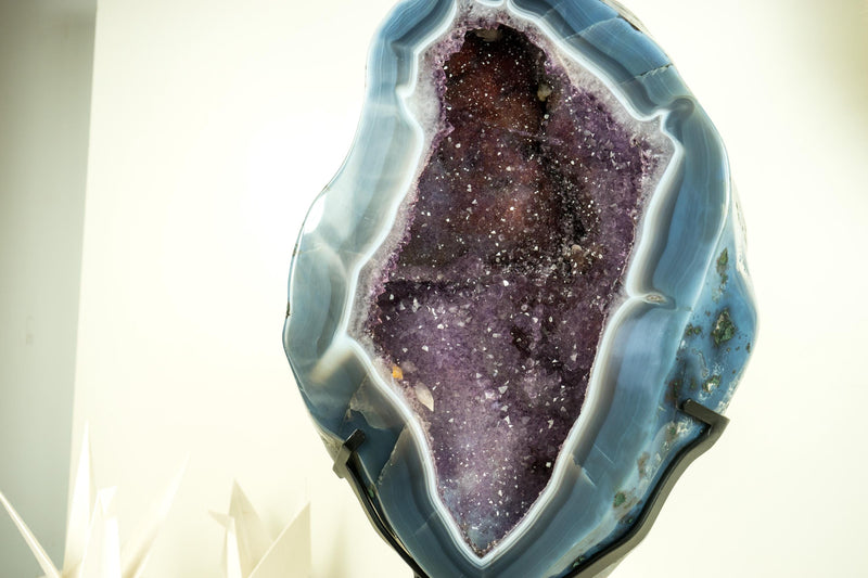 Spectacular Blue Lace Agate Geode with a Bold White Lace and Violet Amethyst, Large Geode on Stand, Gifting, Decor, or Collection - 40 lb - E2D Crystals & Minerals