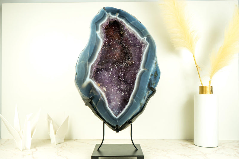 Spectacular Blue Lace Agate Geode with a Bold White Lace and Violet Amethyst, Large Geode on Stand, Gifting, Decor, or Collection - 40 lb - E2D Crystals & Minerals