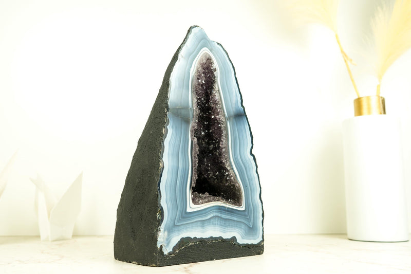 Rare Blue and White Lace Agate Geode with Striped Bandings and Amethyst Druzy – All Natural, Gallery - Grade Agate Cathedral, 12.2 In, 21.6 Lb - E2D Crystals & Minerals