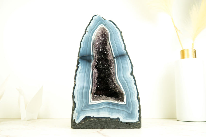 Rare Blue and White Lace Agate Geode with Striped Bandings and Amethyst Druzy – All Natural, Gallery - Grade Agate Cathedral, 12.2 In, 21.6 Lb - E2D Crystals & Minerals