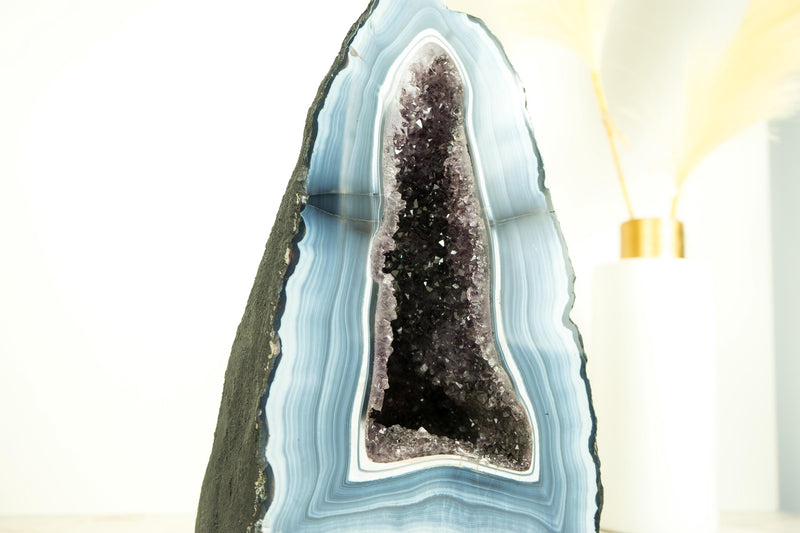 Rare Blue and White Lace Agate Geode with Striped Bandings and Amethyst Druzy – All Natural, Gallery - Grade Agate Cathedral, 12.2 In, 21.6 Lb - E2D Crystals & Minerals