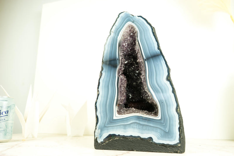 Rare Blue and White Lace Agate Geode with Striped Bandings and Amethyst Druzy – All Natural, Gallery - Grade Agate Cathedral, 12.2 In, 21.6 Lb - E2D Crystals & Minerals