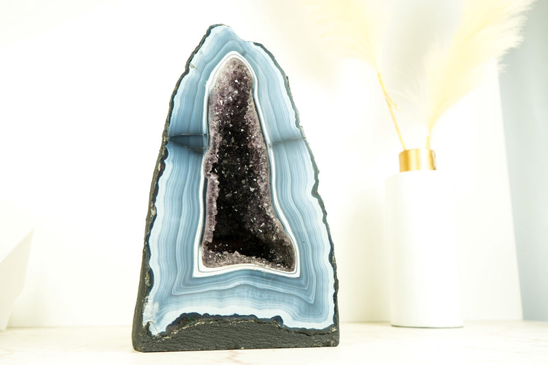 Rare Blue and White Lace Agate Geode with Striped Bandings and Amethyst Druzy – All Natural, Gallery - Grade Agate Cathedral, 12.2 In, 21.6 Lb - E2D Crystals & Minerals