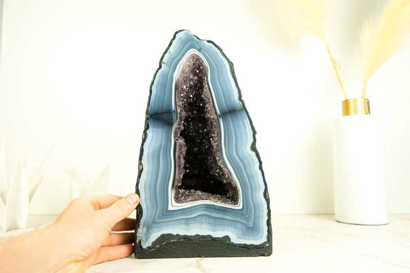 Rare Blue and White Lace Agate Geode with Striped Bandings and Amethyst Druzy – All Natural, Gallery - Grade Agate Cathedral, 12.2 In, 21.6 Lb - E2D Crystals & Minerals