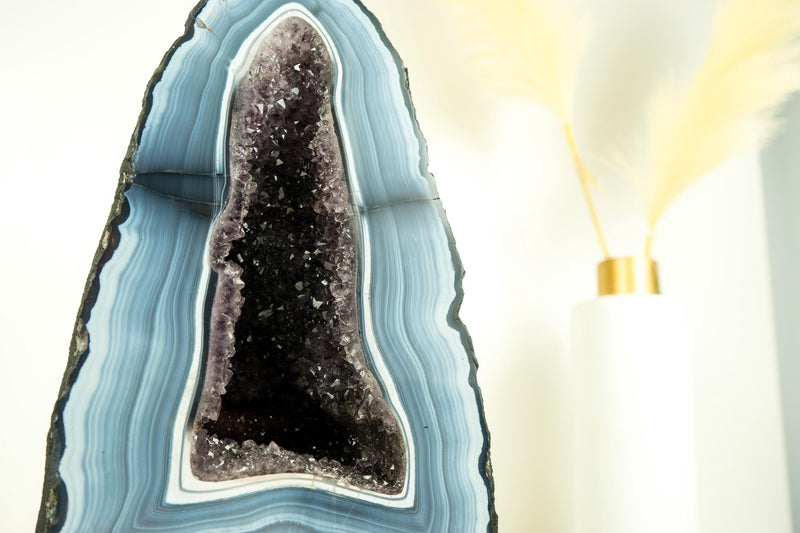 Rare Blue and White Lace Agate Geode with Striped Bandings and Amethyst Druzy – All Natural, Gallery - Grade Agate Cathedral, 12.2 In, 21.6 Lb - E2D Crystals & Minerals