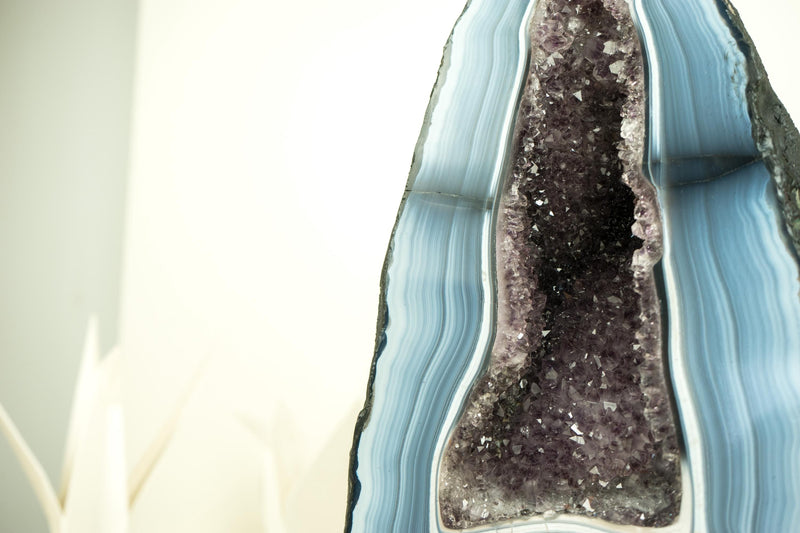 Seltene blau-weiße Spitzenachat-Geode mit gestreiften Bändern und Amethyst-Druzy