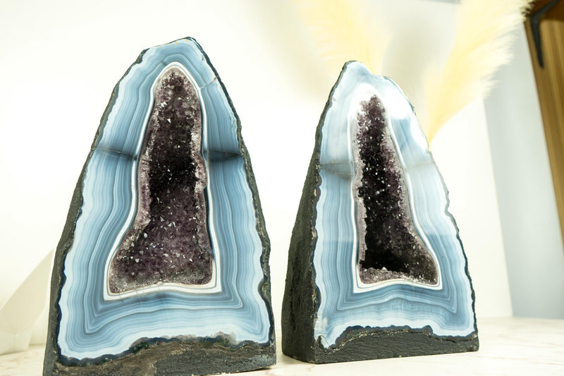 Pair of Rare Blue and White Lace Agate Geodes with Striped Bandings and Amethyst Druzy, Gallery - Grade Agate Cathedrals, 12.2 In, 21.6 Lb - E2D Crystals & Minerals