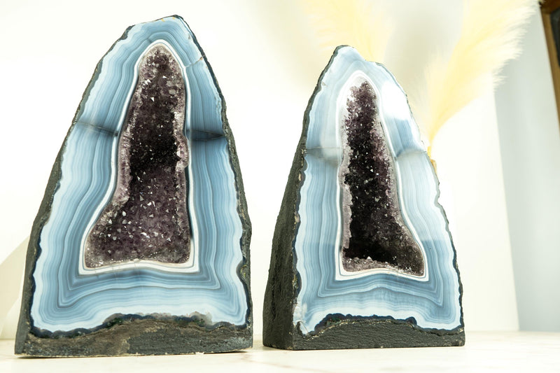 Pair of Rare Blue and White Lace Agate Geodes with Striped Bandings and Amethyst Druzy, Gallery - Grade Agate Cathedrals, 12.2 In, 21.6 Lb - E2D Crystals & Minerals