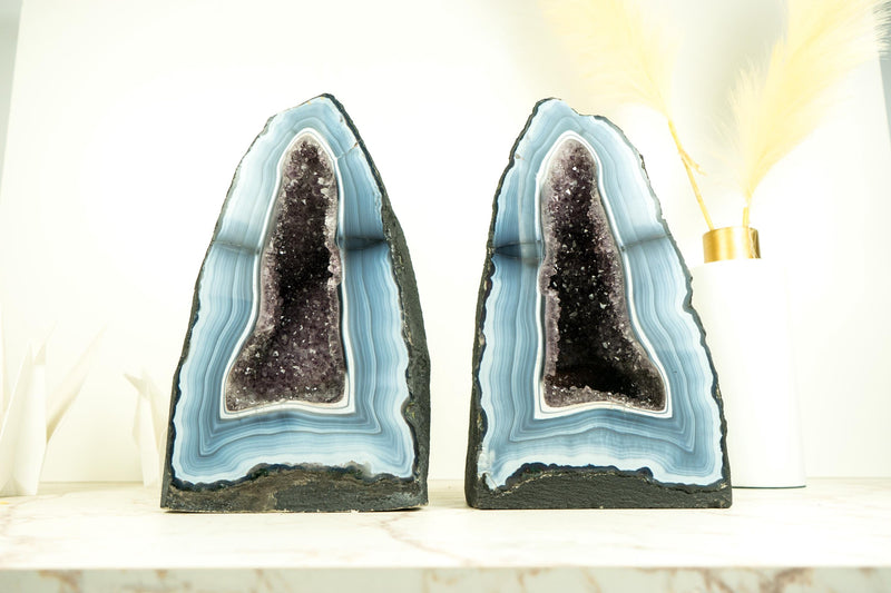 Pair of Rare Blue and White Lace Agate Geodes with Striped Bandings and Amethyst Druzy, Gallery - Grade Agate Cathedrals, 12.2 In, 21.6 Lb - E2D Crystals & Minerals