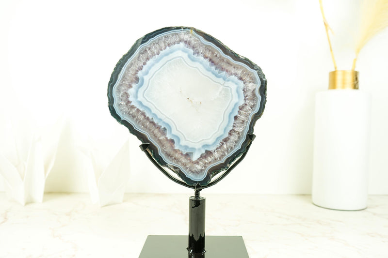 Rare Blue Lace Agate with Clear Quartz Geode Slice, All - Natural, Decorative Agate Slice for Decor and Healing, 2.7 Kg - 6.0 lb - E2D Crystals & Minerals