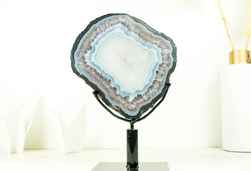 Rare Blue Lace Agate with Clear Quartz Geode Slice, All - Natural, Decorative Agate Slice for Decor and Healing, 2.7 Kg - 6.0 lb - E2D Crystals & Minerals