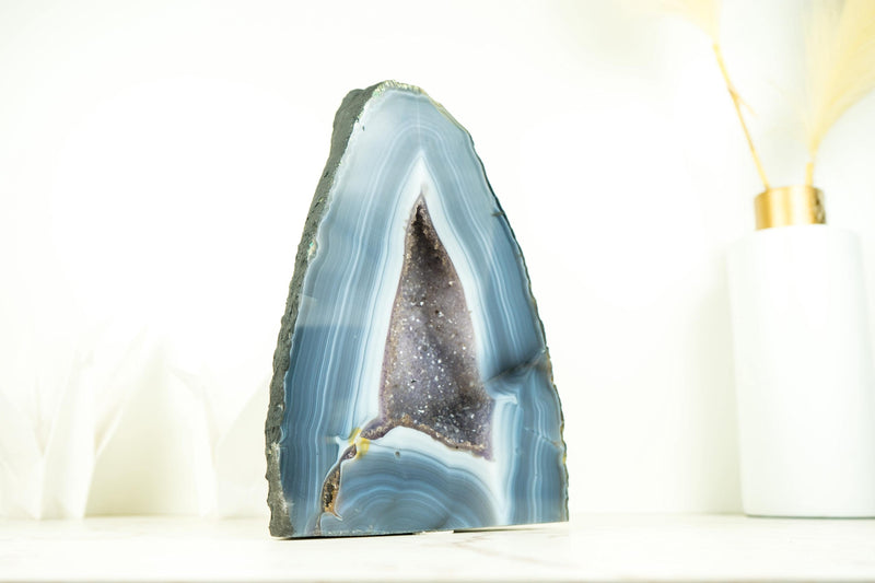 Rare Blue and White Striped Lace Agate Geode with Crystal Druzy