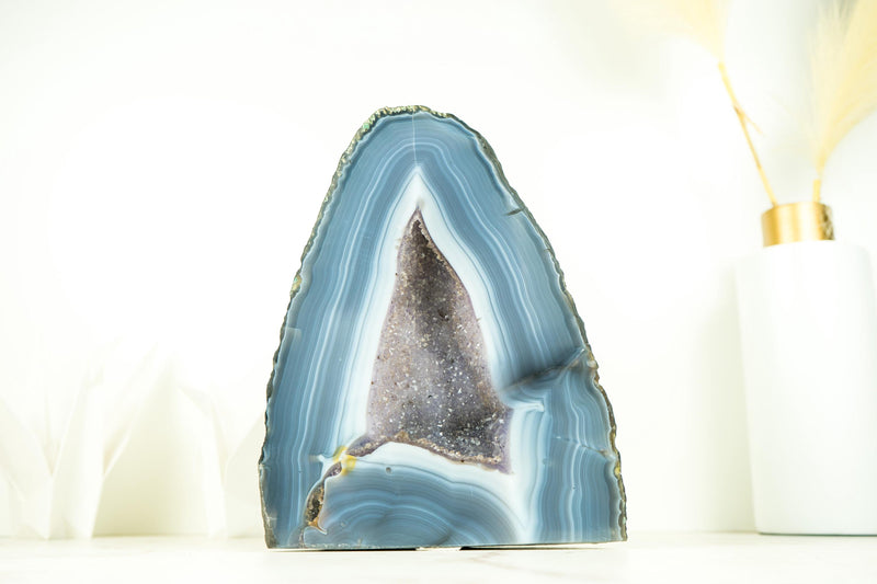 Rare Blue and White Striped Lace Agate Geode with Crystal Druzy