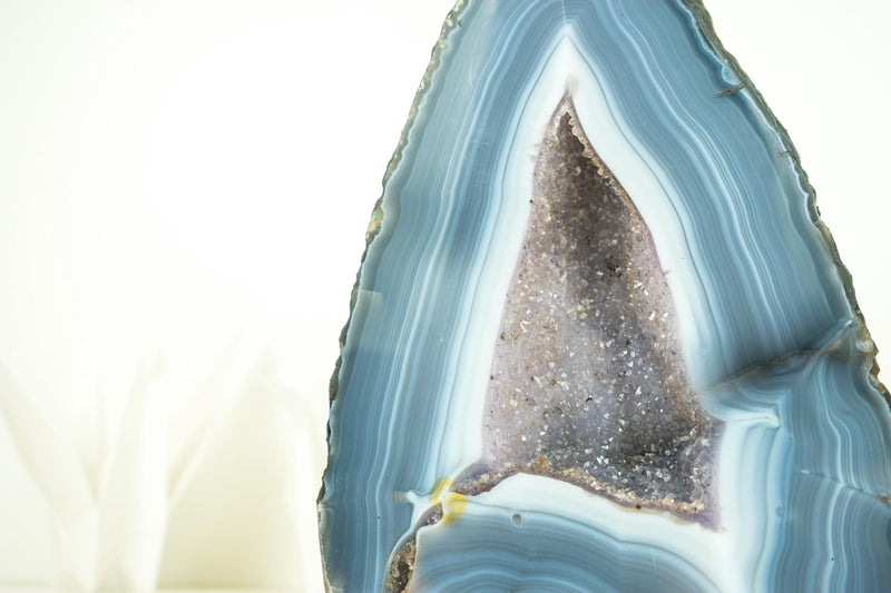 Seltene blau-weiß gestreifte Spitzenachat-Geode mit Kristall-Druzy