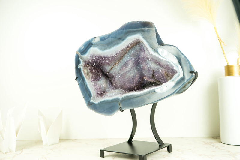 Spectacular Blue Lace Agate Geode with a Swan Drawing on Sparkly Druzy, Large Geode on Stand, for Gifting, Decor, or Collection - 25 lb - E2D Crystals & Minerals