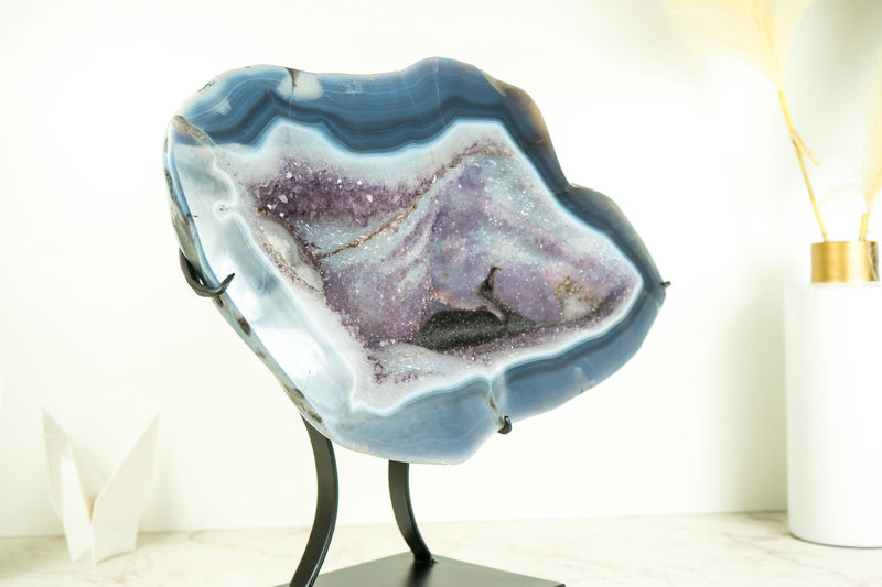 Spectacular Blue Lace Agate Geode with a Swan Drawing on Sparkly Druzy, Large Geode on Stand, for Gifting, Decor, or Collection - 25 lb - E2D Crystals & Minerals