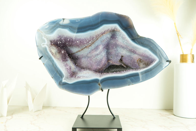 Spectacular Blue Lace Agate Geode with a Swan Drawing on Sparkly Druzy, Large Geode on Stand, for Gifting, Decor, or Collection - 25 lb - E2D Crystals & Minerals