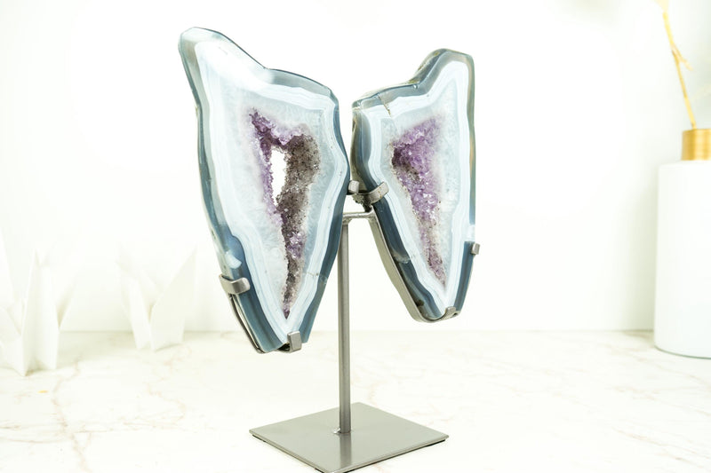 Blue Lace and Crystal Agate Geode Wings with Lavender Purple Druzy, All Natural Polished Agate Butterly on Stand 10 Lb, 13 In. - E2D Crystals & Minerals