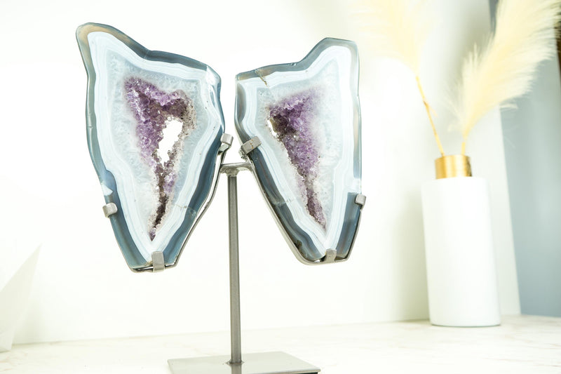 Blue Lace and Crystal Agate Geode Wings with Lavender Purple Druzy, All Natural Polished Agate Butterly on Stand 10 Lb, 13 In. - E2D Crystals & Minerals