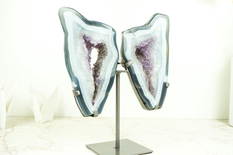 Blue Lace and Crystal Agate Geode Wings with Lavender Purple Druzy, All Natural Polished Agate Butterly on Stand 10 Lb, 13 In. - E2D Crystals & Minerals