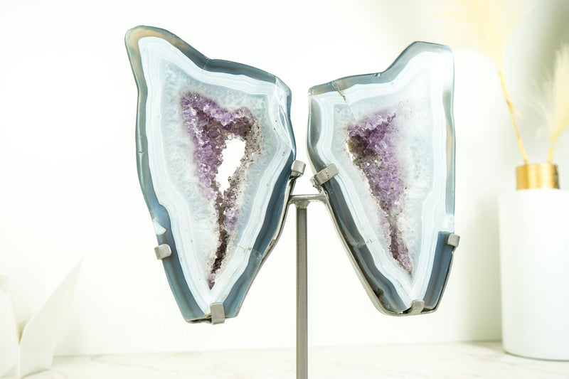 Blue Lace and Crystal Agate Geode Wings with Lavender Purple Druzy, All Natural Polished Agate Butterly on Stand 10 Lb, 13 In. - E2D Crystals & Minerals