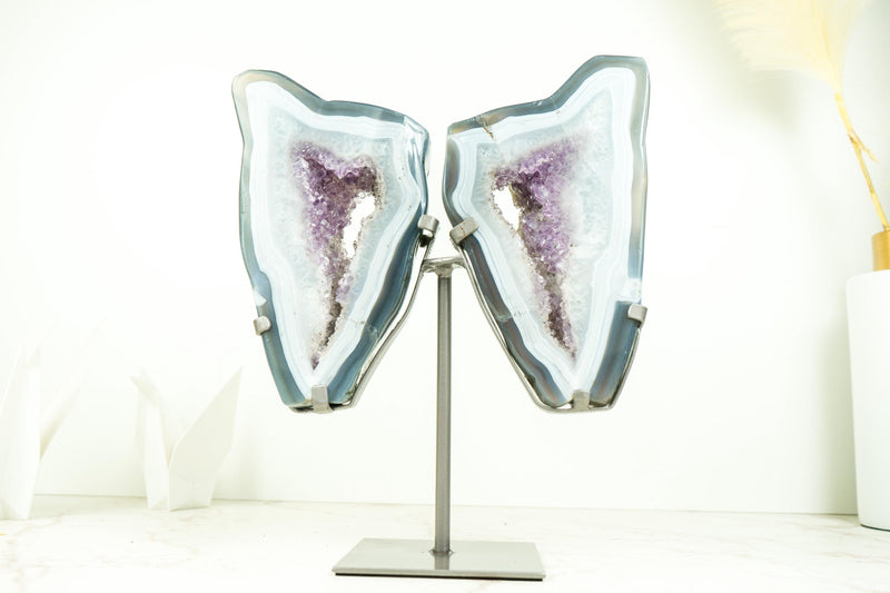 Blue Lace and Crystal Agate Geode Wings with Lavender Purple Druzy, All Natural Polished Agate Butterly on Stand 10 Lb, 13 In. - E2D Crystals & Minerals