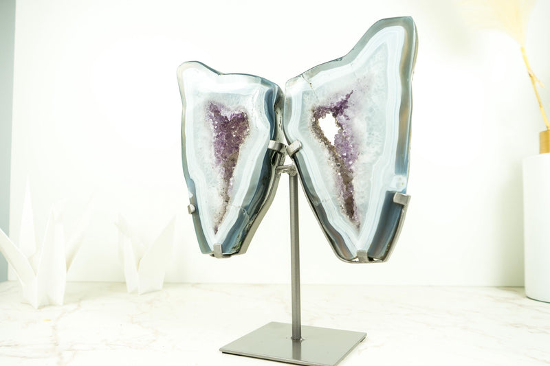 Blue Lace and Crystal Agate Geode Wings with Lavender Purple Druzy, All Natural Polished Agate Butterly on Stand 10 Lb, 13 In. - E2D Crystals & Minerals