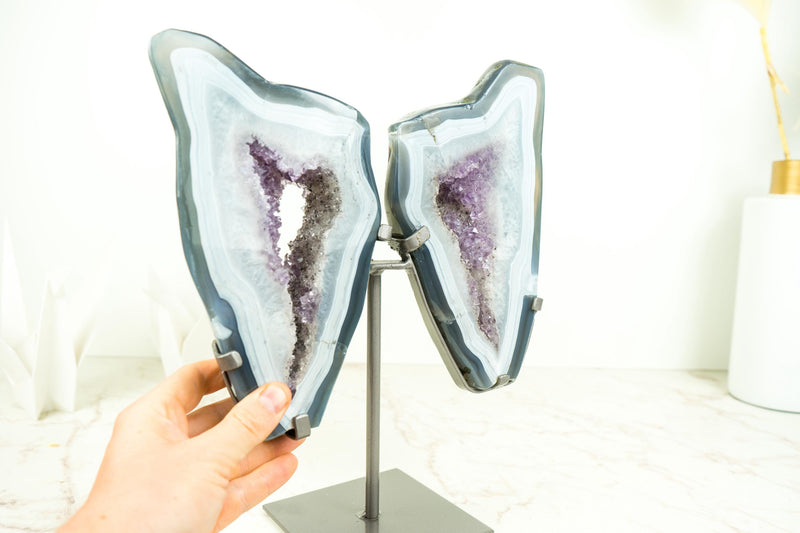 Blue Lace and Crystal Agate Geode Wings with Lavender Purple Druzy, All Natural Polished Agate Butterly on Stand 10 Lb, 13 In. - E2D Crystals & Minerals