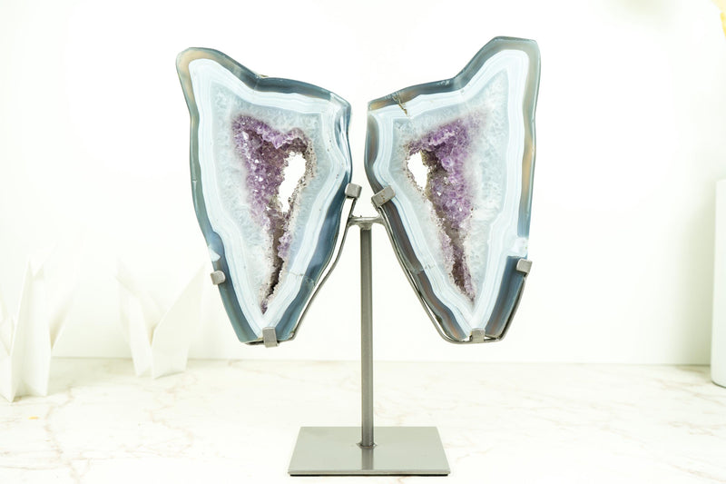 Blue Lace and Crystal Agate Geode Wings with Lavender Purple Druzy, All Natural Polished Agate Butterly on Stand 10 Lb, 13 In. - E2D Crystals & Minerals