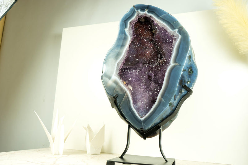 Spectacular Blue Lace Agate Geode with a Bold White Lace and Violet Amethyst, Large Geode on Stand, Gifting, Decor, or Collection - 40 lb - E2D Crystals & Minerals