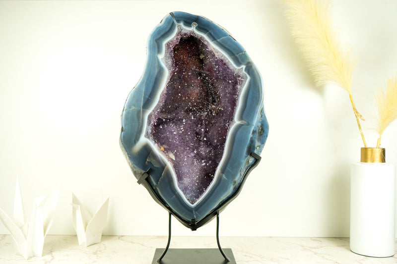 Spectacular Blue Lace Agate Geode with a Bold White Lace and Violet Amethyst, Large Geode on Stand, Gifting, Decor, or Collection - 40 lb - E2D Crystals & Minerals