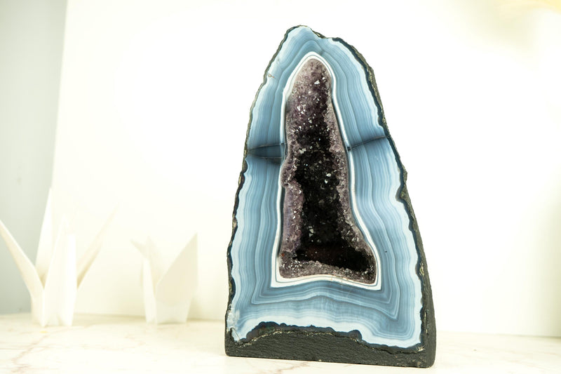 Rare Blue and White Lace Agate Geode with Striped Bandings and Amethyst Druzy – All Natural, Gallery - Grade Agate Cathedral, 12.2 In, 21.6 Lb - E2D Crystals & Minerals