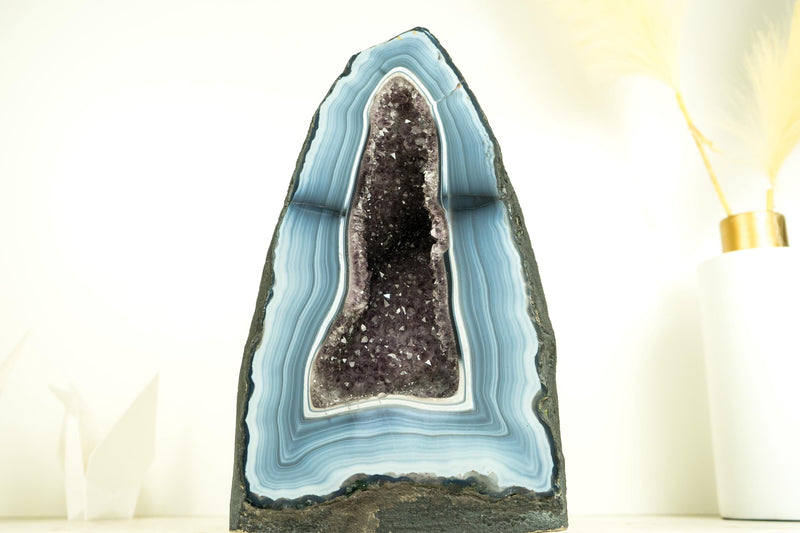 Pair of Rare Blue and White Lace Agate Geodes with Striped Bandings and Amethyst Druzy, Gallery - Grade Agate Cathedrals, 12.2 In, 21.6 Lb - E2D Crystals & Minerals