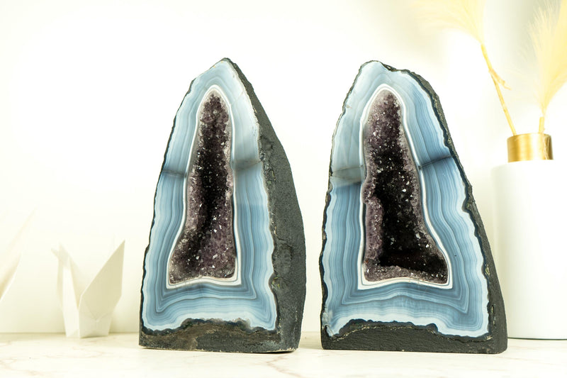 Pair of Rare Blue and White Lace Agate Geodes with Striped Bandings and Amethyst Druzy, Gallery - Grade Agate Cathedrals, 12.2 In, 21.6 Lb - E2D Crystals & Minerals