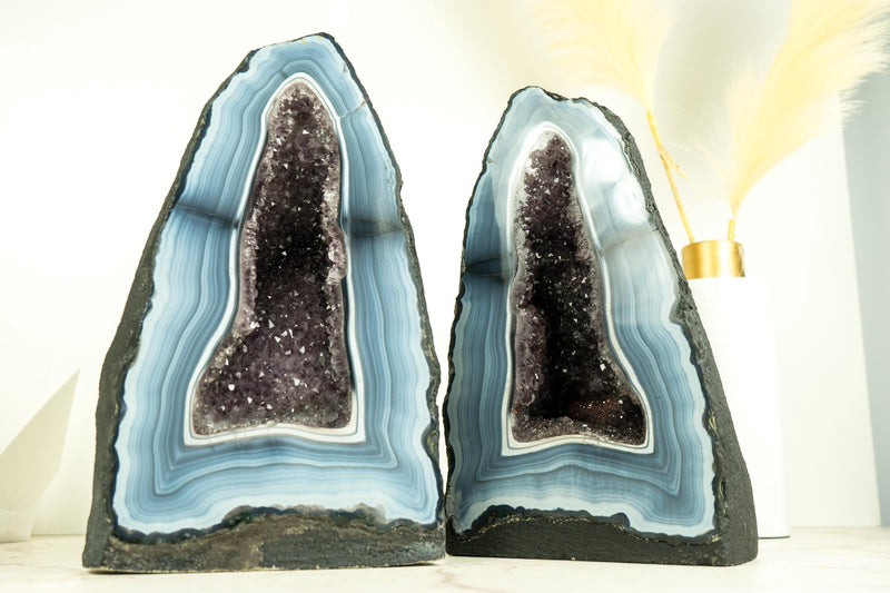 Pair of Rare Blue and White Lace Agate Geodes with Striped Bandings and Amethyst Druzy, Gallery - Grade Agate Cathedrals, 12.2 In, 21.6 Lb - E2D Crystals & Minerals