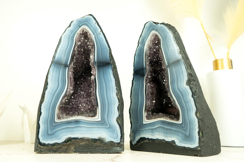 Pair of Rare Blue and White Lace Agate Geodes with Striped Bandings and Amethyst Druzy, Gallery - Grade Agate Cathedrals, 12.2 In, 21.6 Lb - E2D Crystals & Minerals