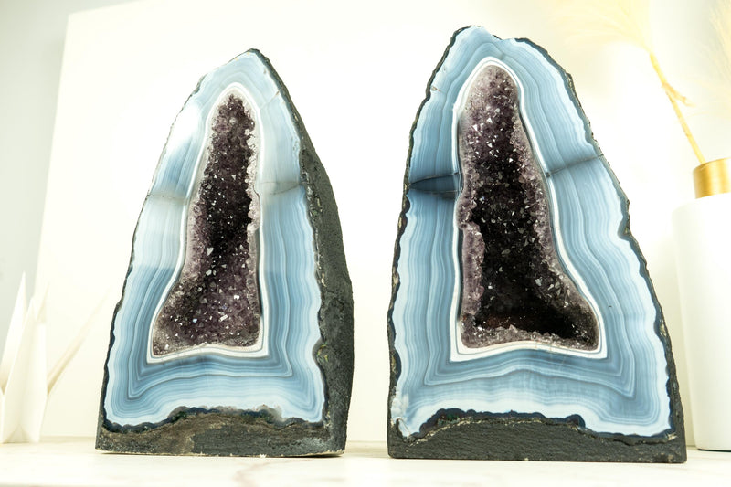 Pair of Rare Blue and White Lace Agate Geodes with Striped Bandings and Amethyst Druzy, Gallery - Grade Agate Cathedrals, 12.2 In, 21.6 Lb - E2D Crystals & Minerals