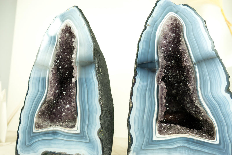 Pair of Rare Blue and White Lace Agate Geodes with Striped Bandings and Amethyst Druzy, Gallery - Grade Agate Cathedrals, 12.2 In, 21.6 Lb - E2D Crystals & Minerals