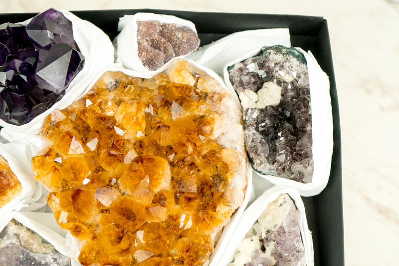 High - Quality, Mixed Amethyst and Citrine Mineral Flat Box, Rare Crystals - E2D Crystals & Minerals